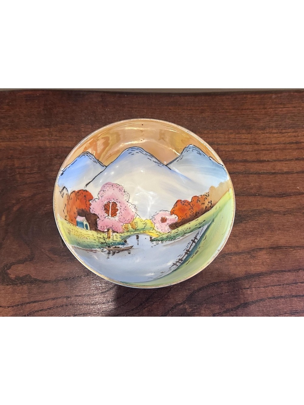 Vintage Japanese Noritake Mount Fugi at Sunset 3-Footed Nut Trinket Bowl